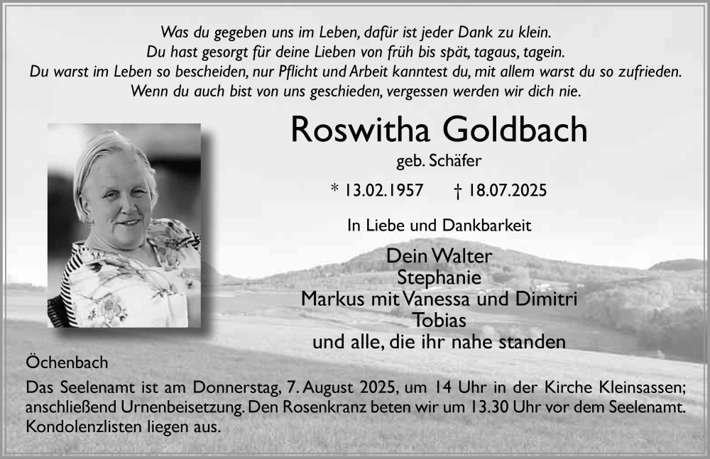  Traueranzeige für Roswitha Goldbach vom 02.08.2025 aus FZ