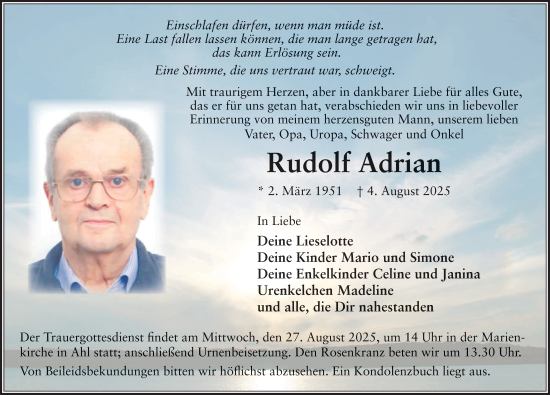 Traueranzeige von Rudolf Adrian von FZ