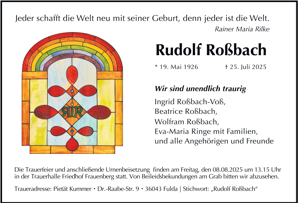  Traueranzeige für Rudolf Roßbach vom 02.08.2025 aus FZ