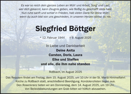 Traueranzeige von Siegfried Böttger von FZ