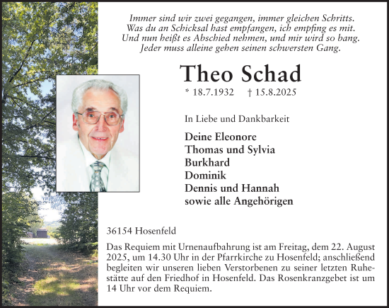 Traueranzeige von Theo Schad von FZ