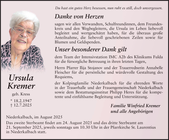 Traueranzeige von Ursula Kremer von FZ