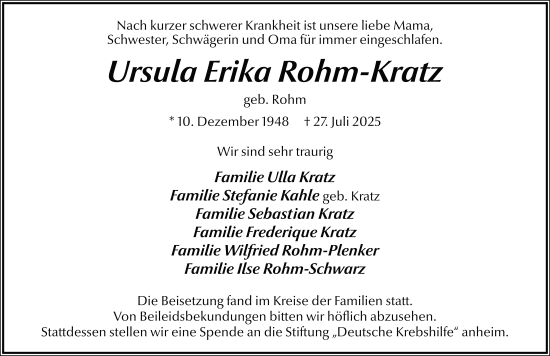 Traueranzeige von Ursula Erika Rohm-Kratz von FZ