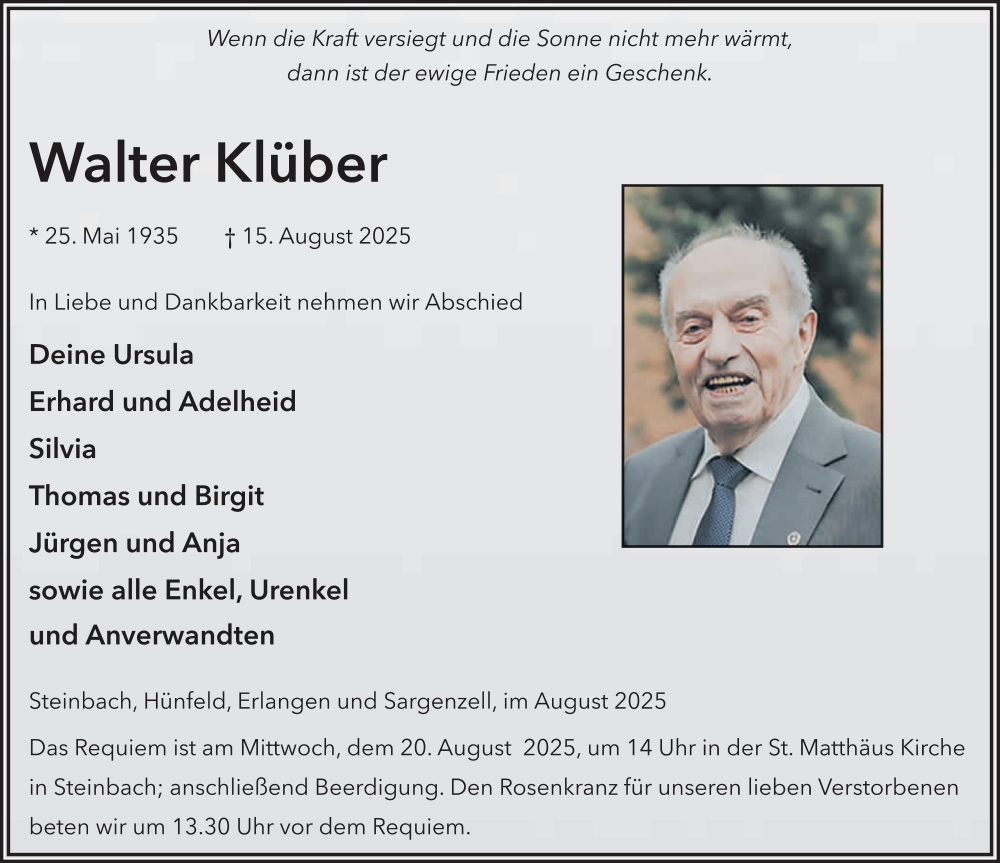  Traueranzeige für Walter Klüber vom 19.08.2025 aus FZ