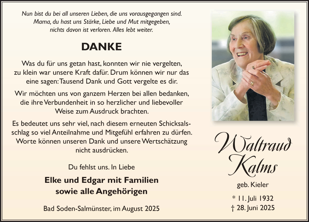  Traueranzeige für Waltraud Kalms vom 23.08.2025 aus FZ
