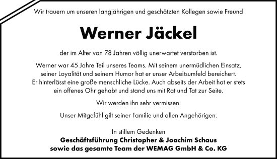 Traueranzeige von Werner Jäckel von FZ