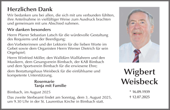 Traueranzeige von Wigbert Weisbeck von FZ
