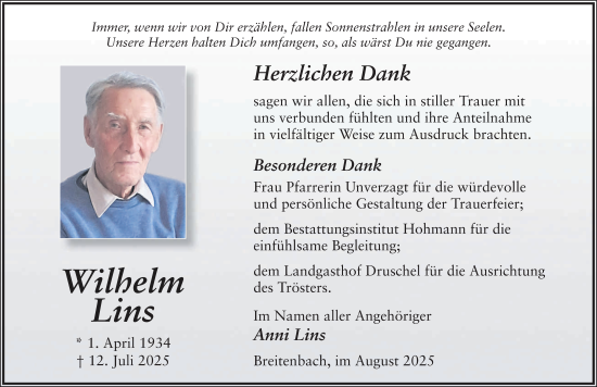 Traueranzeige von Wilhelm Lins von FZ