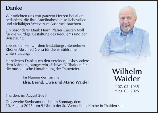 Traueranzeige von Wilhelm Waider von FZ