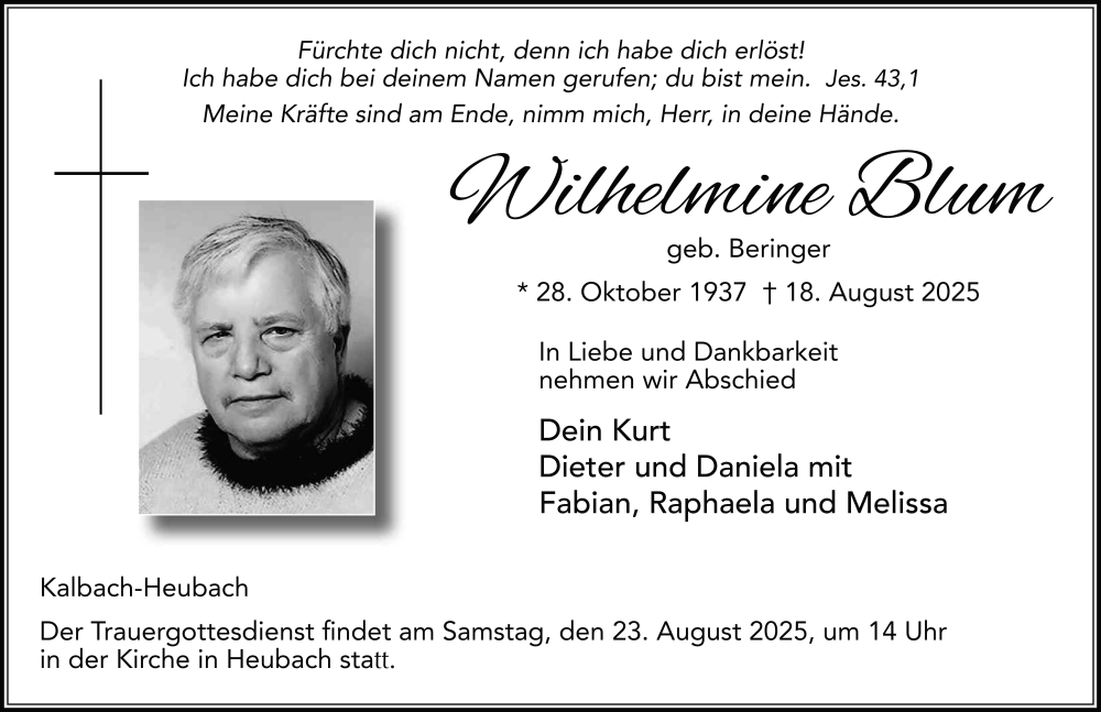  Traueranzeige für Wilhelmine Blum vom 21.08.2025 aus FZ
