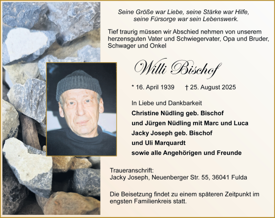 Traueranzeige von Willi Bischof von FZ