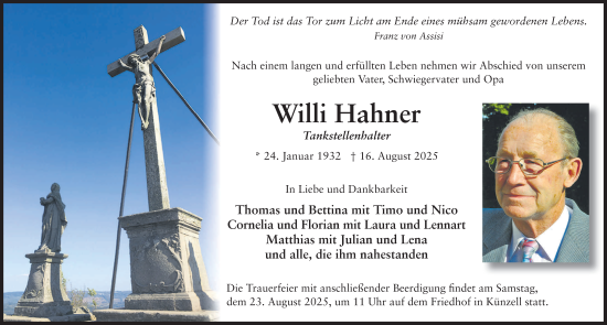 Traueranzeige von Willi Hahner von FZ