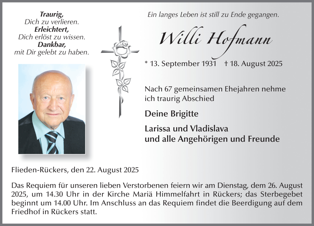  Traueranzeige für Willi Hofmann vom 22.08.2025 aus FZ