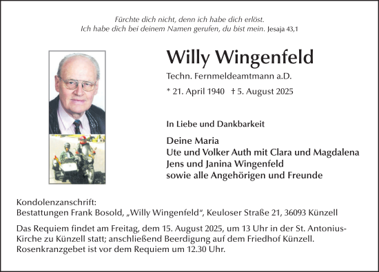Traueranzeige von Willy Wingenfeld von FZ