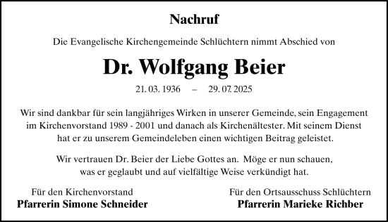 Traueranzeige von Wolfgang Alexander Beier von FZ