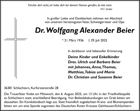 Traueranzeige von Wolfgang Alexander Beier von FZ