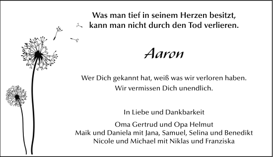 Traueranzeige von Aaron Deuker von FZ