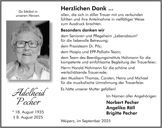 Traueranzeige von Adelheid Pecher von FZ