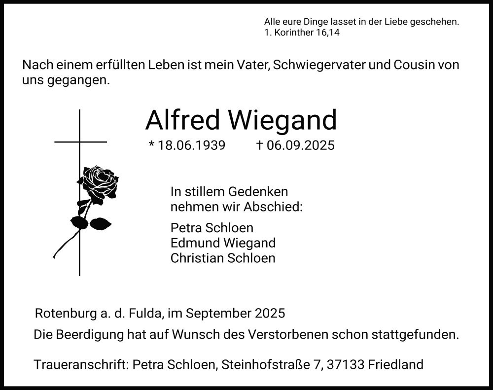  Traueranzeige für Alfred Wiegand vom 13.09.2025 aus FZ