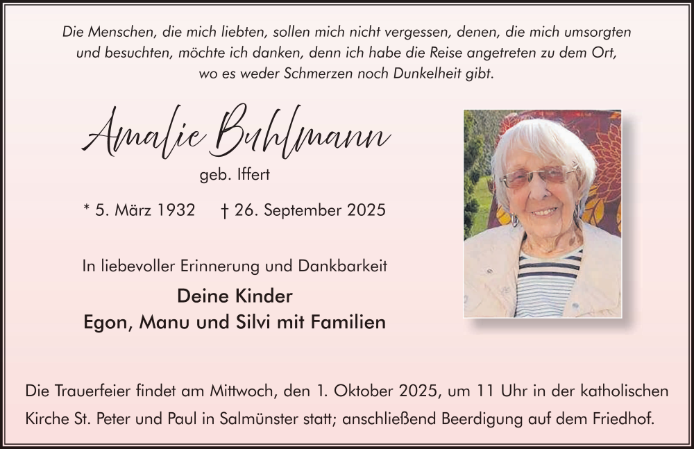  Traueranzeige für Amalie Buhlmann vom 29.09.2025 aus FZ