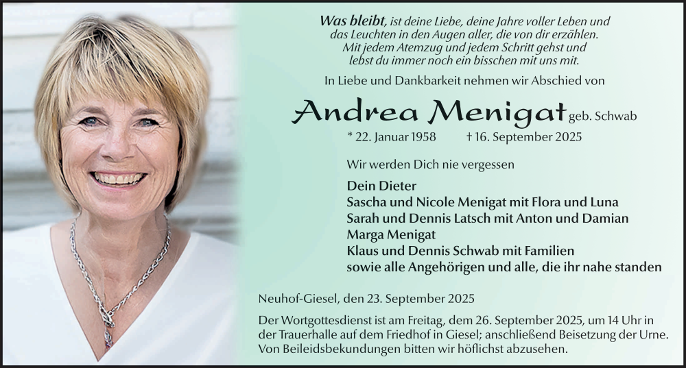  Traueranzeige für Andrea Menigat vom 23.09.2025 aus FZ