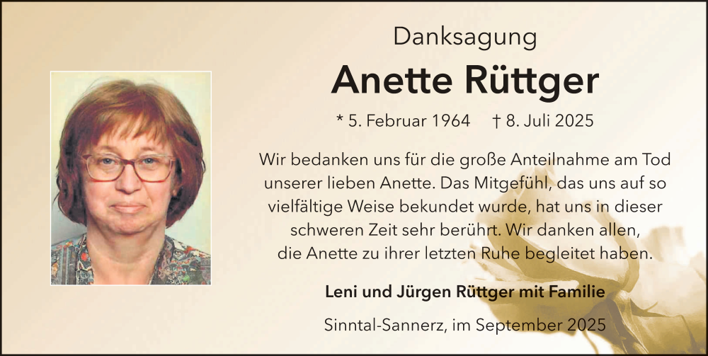  Traueranzeige für Anette Rüttger vom 13.09.2025 aus FZ
