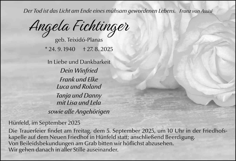  Traueranzeige für Angela Fichtinger vom 02.09.2025 aus FZ