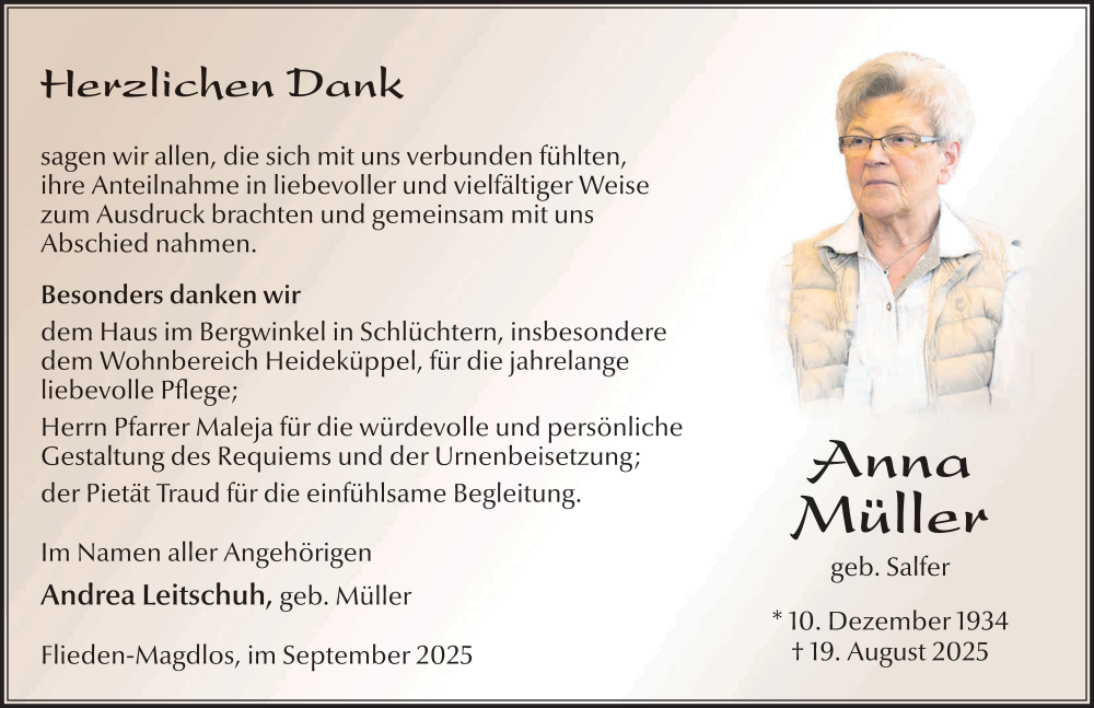  Traueranzeige für Anna Müller vom 26.09.2025 aus FZ