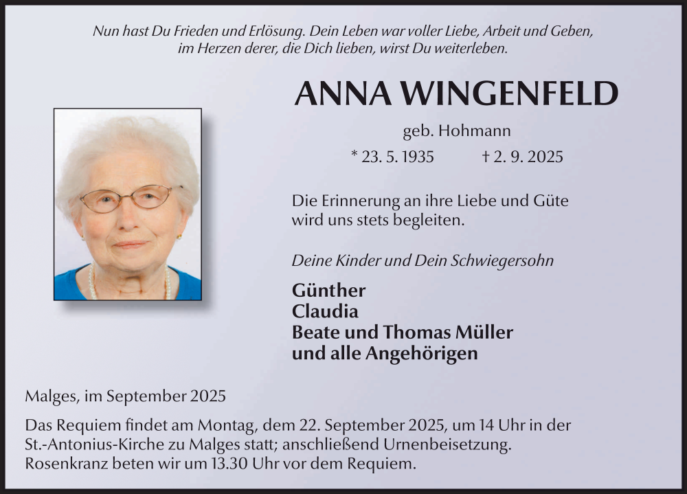  Traueranzeige für Anna Wingenfeld vom 17.09.2025 aus FZ