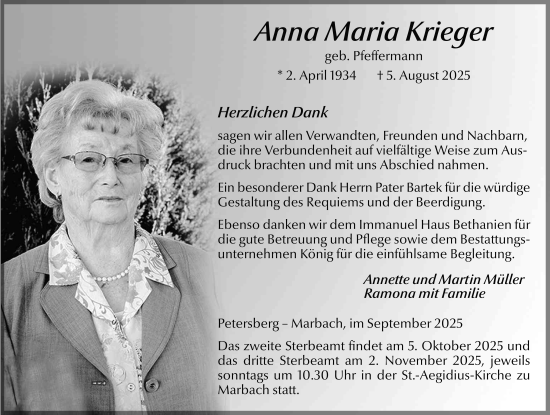 Traueranzeige von Anna Maria Krieger von FZ