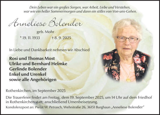 Traueranzeige von Anneliese Bolender von FZ