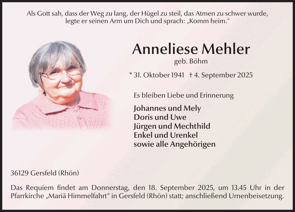  Traueranzeige für Anneliese Mehler vom 16.09.2025 aus FZ
