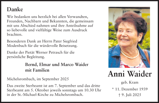 Traueranzeige von Anni Waider von FZ