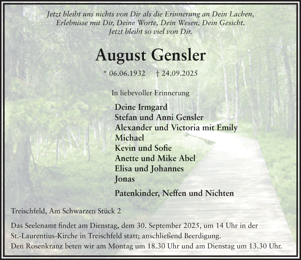  Traueranzeige für August Gensler vom 27.09.2025 aus FZ