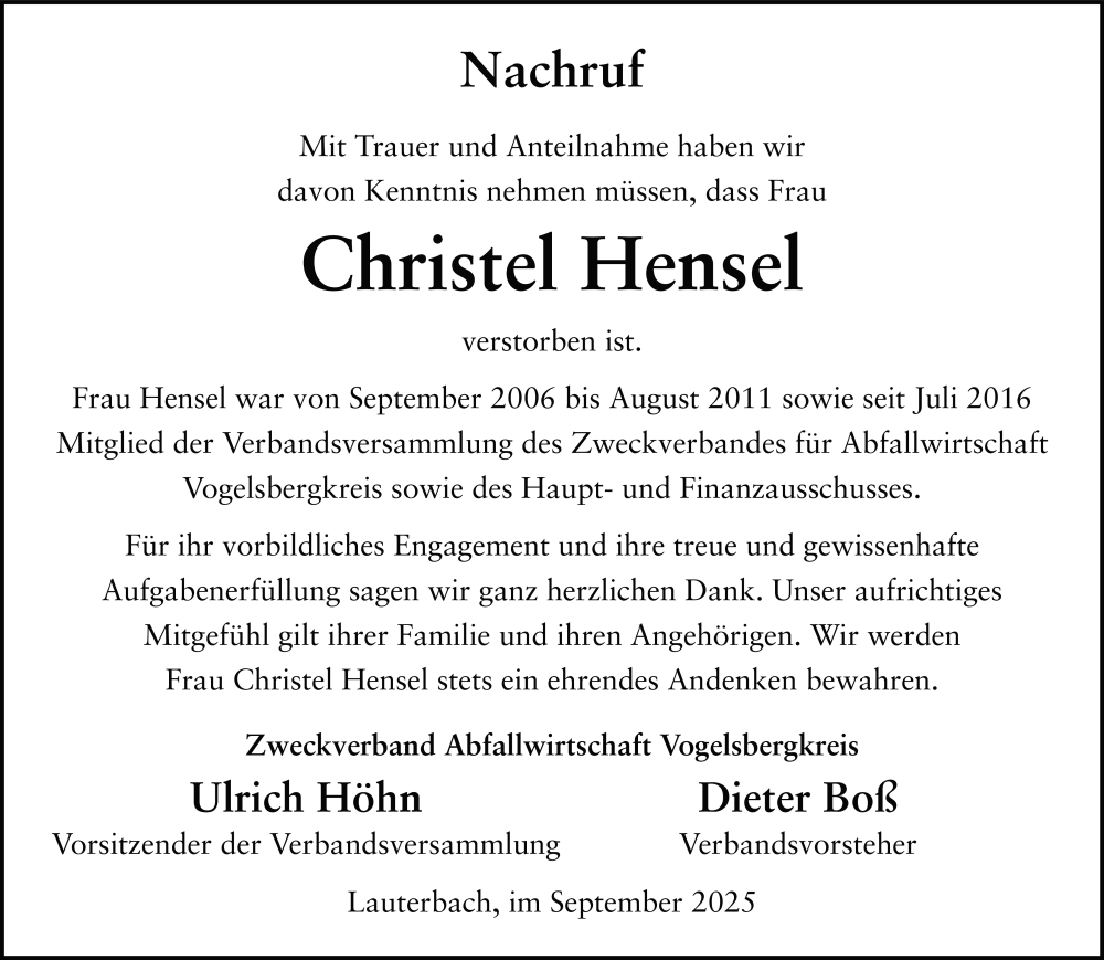 Traueranzeige für Christel Hensel vom 16.09.2025 aus FZ