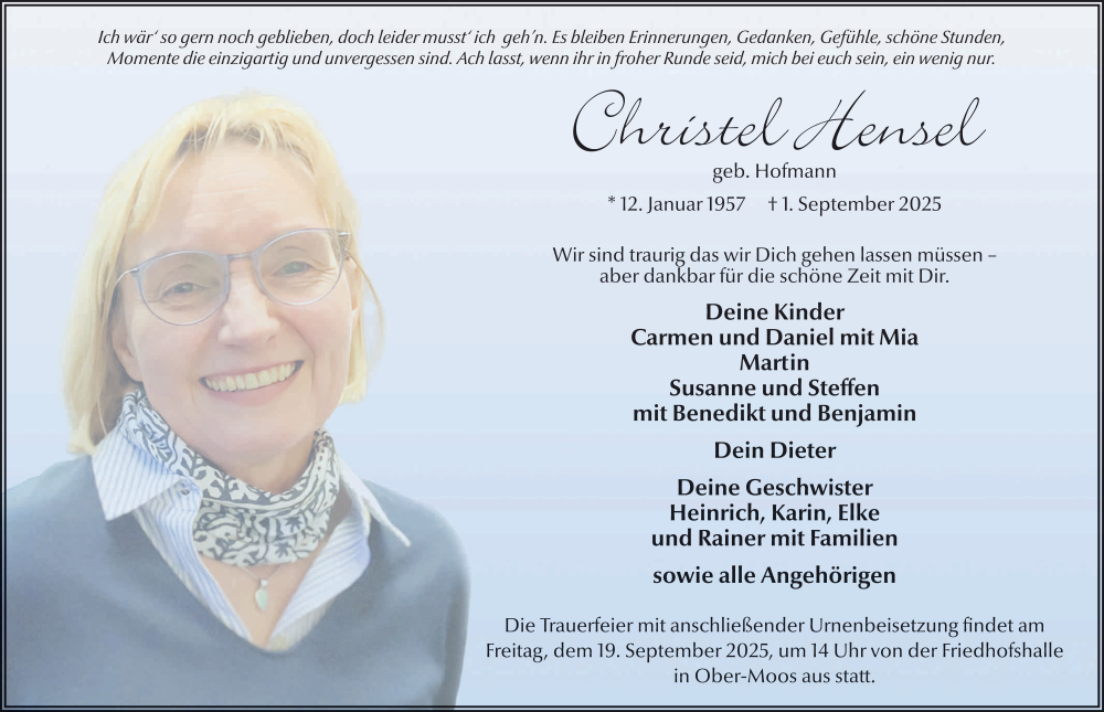  Traueranzeige für Christel Hensel vom 16.09.2025 aus FZ