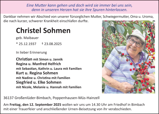 Traueranzeige von Christel Sohmen von FZ