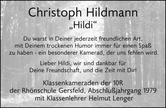 Traueranzeige von Christoph Hildmann von FZ
