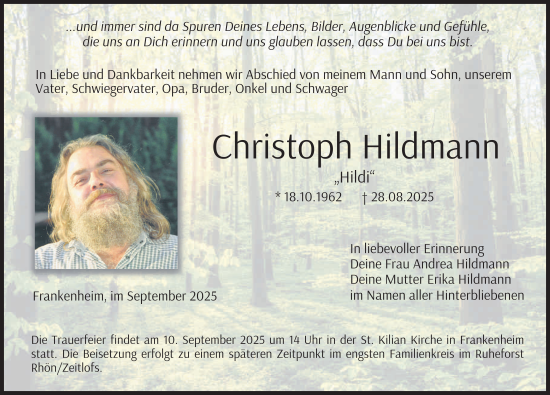 Traueranzeige von Christoph Hildmann von FZ