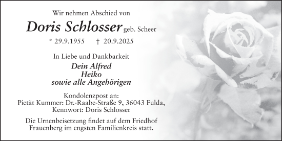 Traueranzeige von Doris Schlosser von FZ