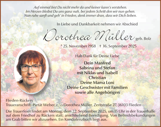 Traueranzeige von Dorothea Müller von FZ