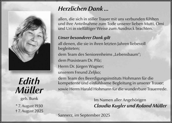 Traueranzeige von Edith Müller von FZ