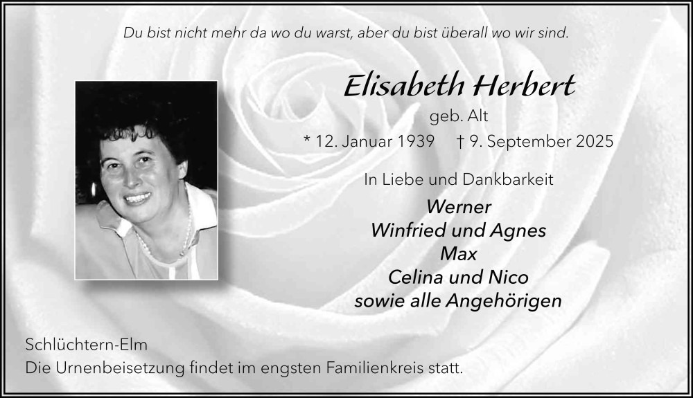  Traueranzeige für Elisabeth Herbert vom 20.09.2025 aus FZ