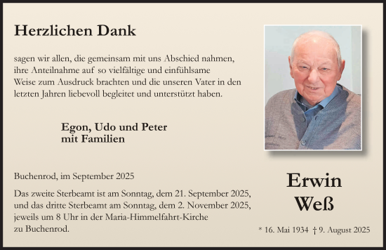 Traueranzeige von Erwin Weß von FZ