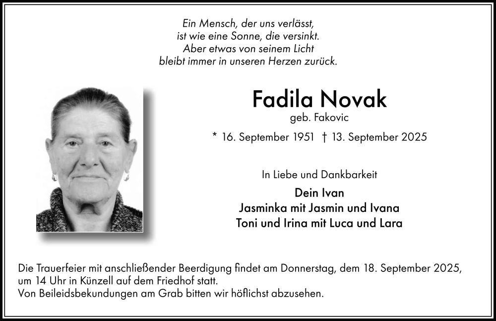  Traueranzeige für Fadila Novak vom 16.09.2025 aus FZ
