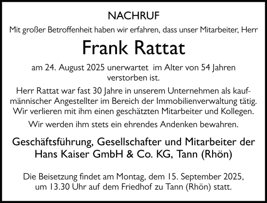 Traueranzeige von Frank Rattat von FZ