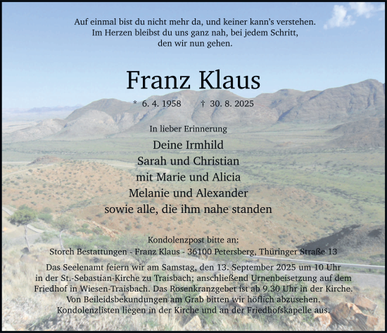 Traueranzeige von Franz Klaus von FZ