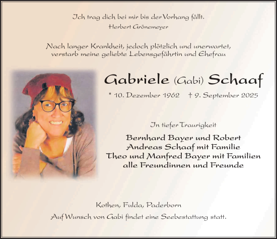 Traueranzeige von Gabriele Schaaf von FZ