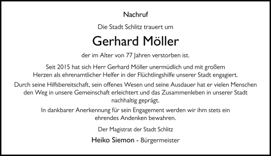 Traueranzeige von Gerhard Möller von FZ