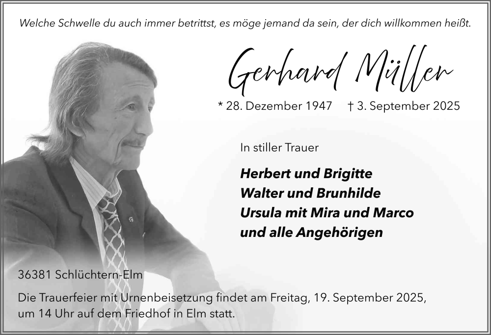  Traueranzeige für Gerhard Müller vom 13.09.2025 aus FZ